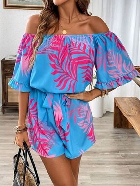 Off-Shoulder Tropical Print Romper in Bright Blue & Hot Pink Sizes 4 6 & 8